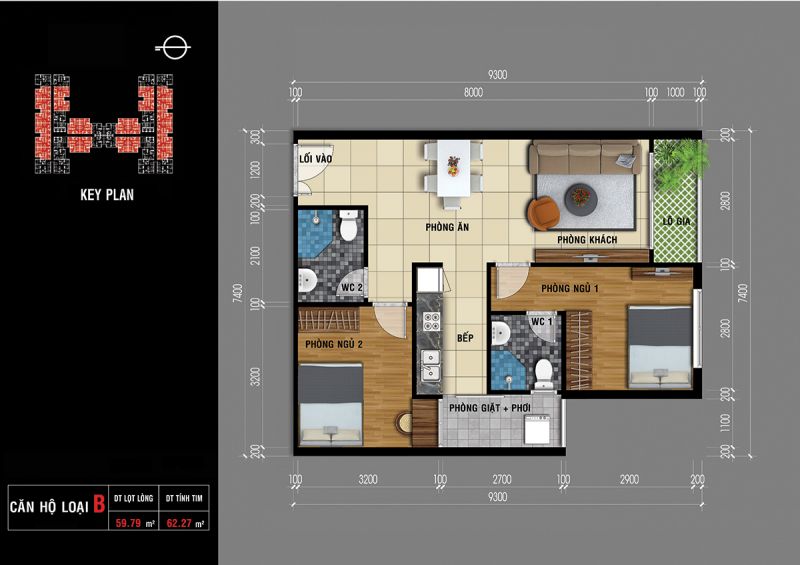 thiết kế căn 62 m2 
