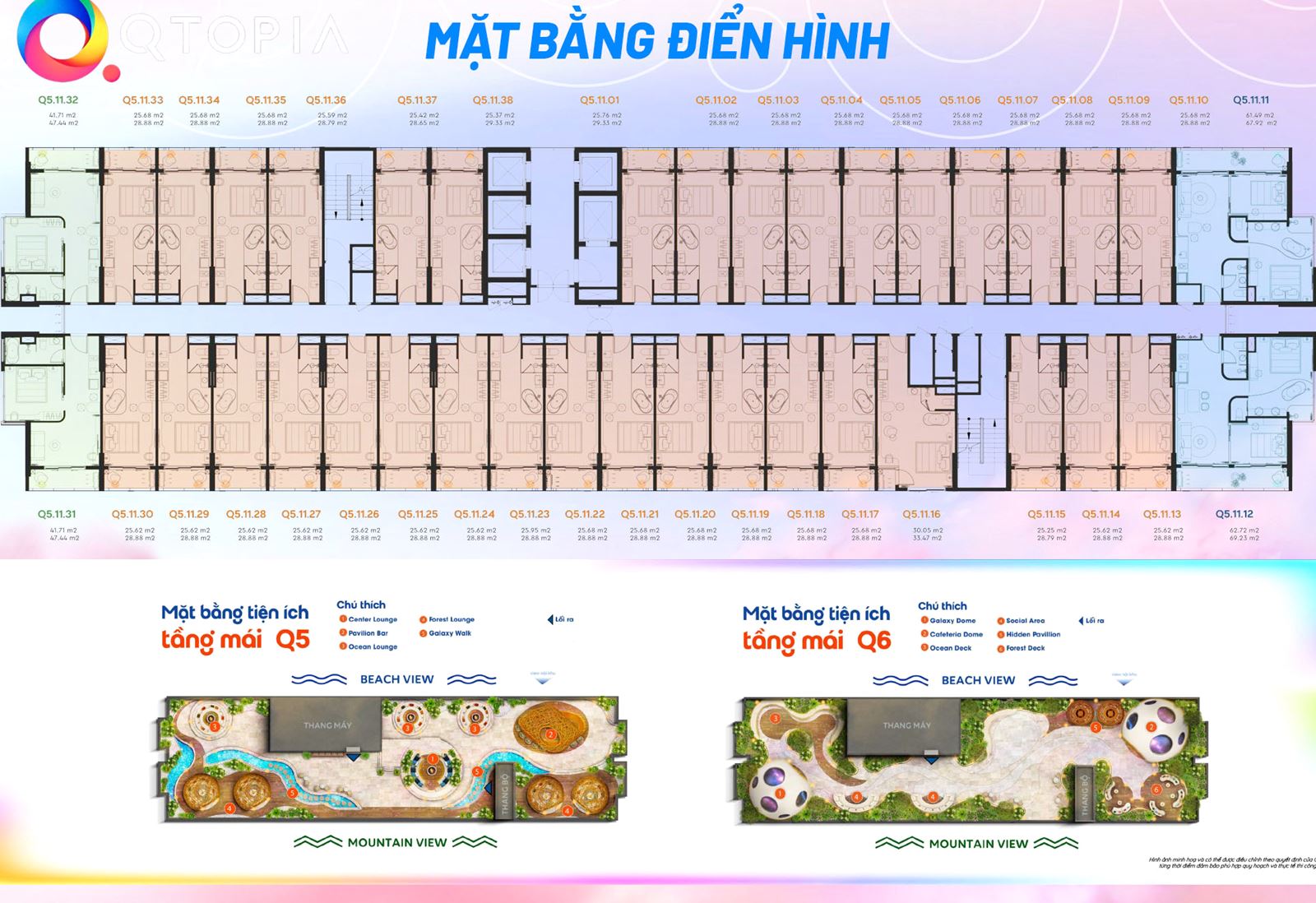 Mặt bằng tầng điển hình và tiện ích tầng mái tháp Q5, Q6 Qtopia Mặt bằng tầng điển hình và tiện ích tầng mái tháp Q5, Q6 Qtopia