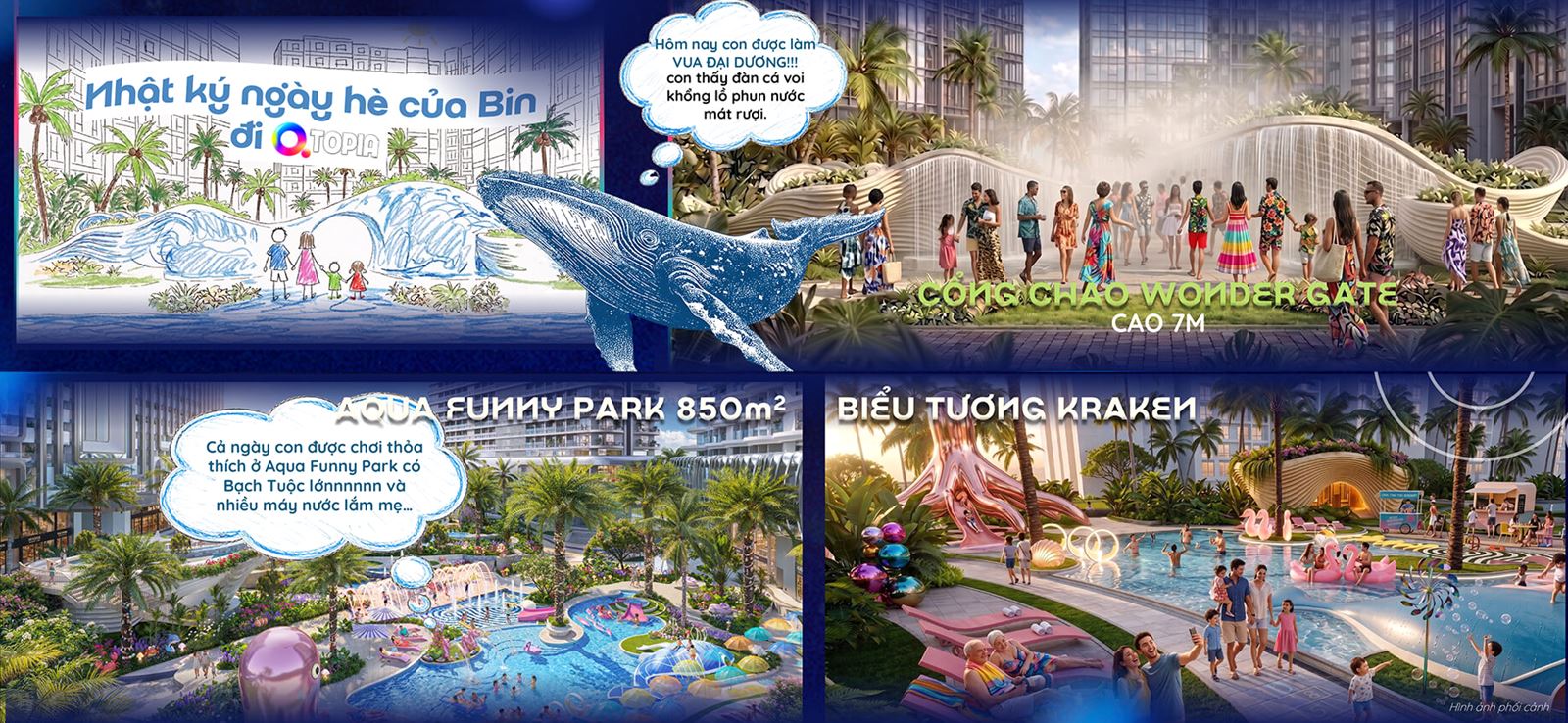 Cổng Wonder Gate, công viên nước Aqua Funny Park 850 m² và biểu tượng Kraken tại Qtopia Cổng Wonder Gate, công viên nước Aqua Funny Park 850 m² và biểu tượng Kraken tại Qtopia