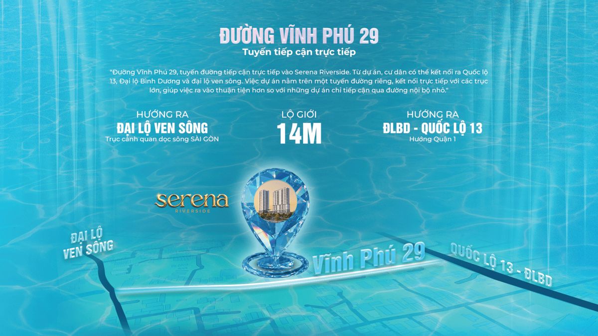 Đường Vĩnh Phú 29 lộ giới 14m dẫn vào Serena Riverside