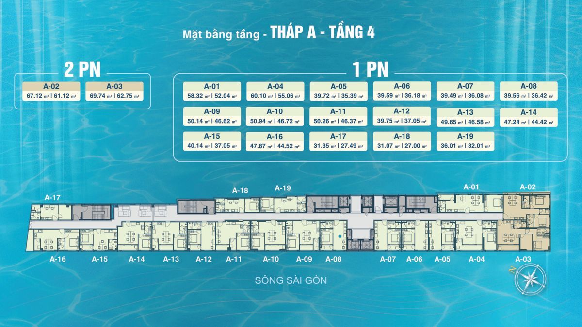 Mặt bằng officetel tháp A tầng 4 Serena Riverside